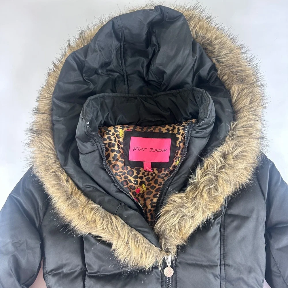 Betsey Johnson Youth Medium High Black Puffer Coat Faux Fur Hood Leopard‎ Lining